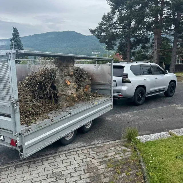 Henger lastet med kvist og stammer parkert ved bolig klar for bortkjøring av avfall.