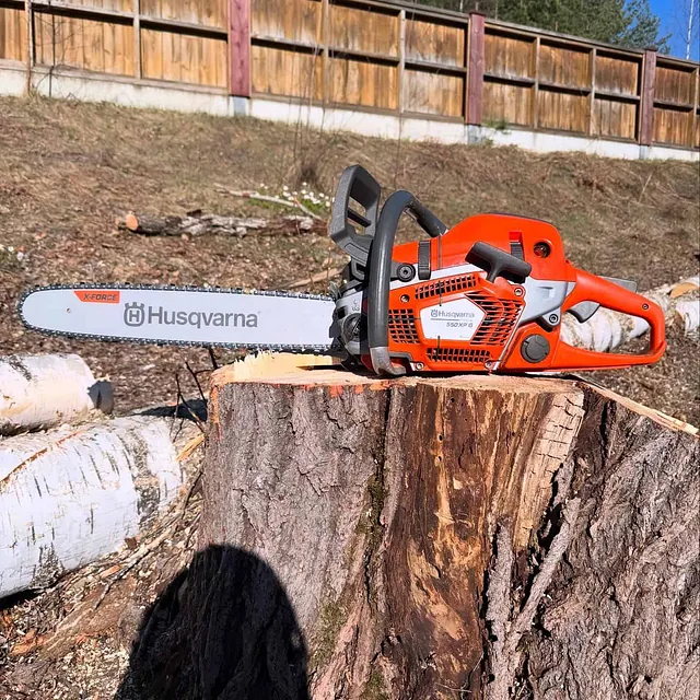 Motorsag plassert på trestubbe med nylig kuttet treverk og sagflis rundt arbeidsområdet.